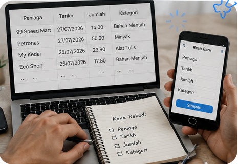 Pengguna menaip maklumat resit secara manual ke dalam komputer dan telefon